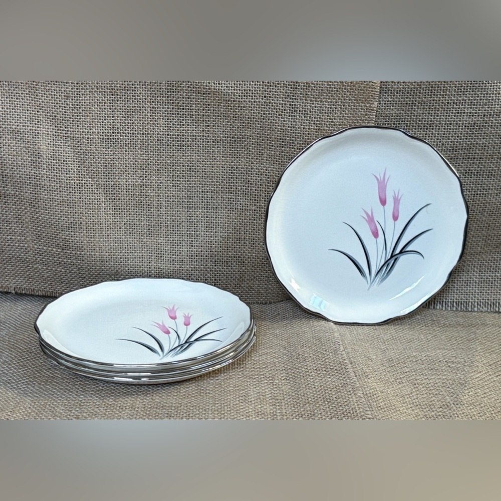 Vintage Pallidium Gold Scalloped Trim Tulip Floral Bread Plate Set Cottage Core